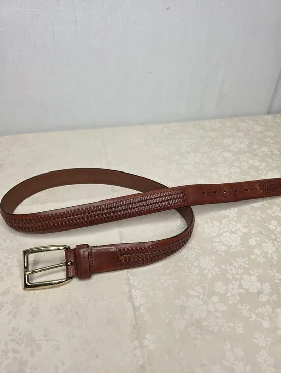 Trafalgar Woven Leather Belt Brown Solid Brass Buckle USA Made Size 34