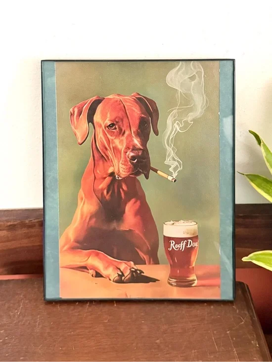 Dog Smoking a Cigarette Drinking a Beer Canvas Print Vintage Style Framed Art