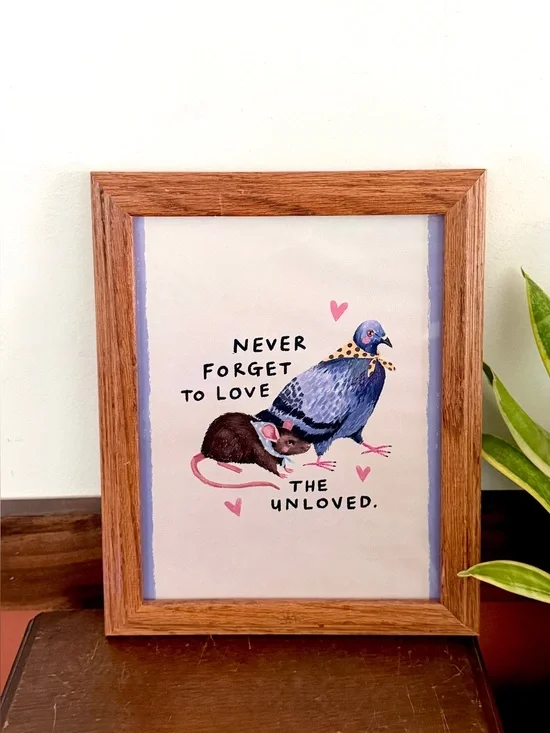 Pigeon & Rat “Never Forget to Love the Unloved” Canvas Art Print Wood Framed Art