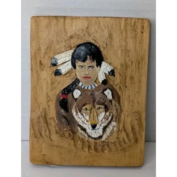 Hand Carved Wooden Plaque‎ Native American Man Wolf Spirit Rustic Wall Art