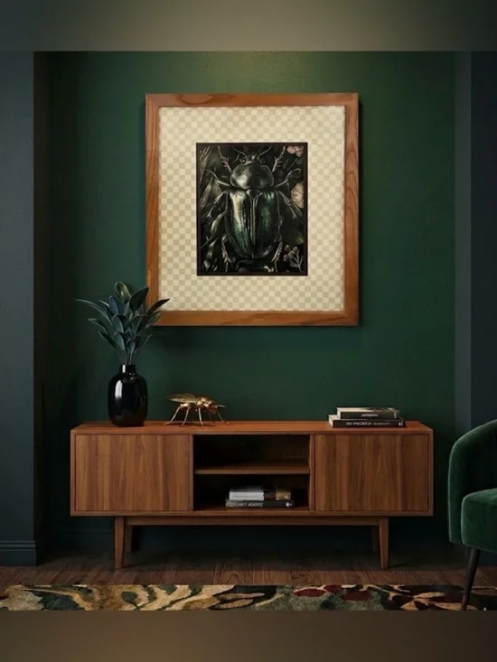 Scarab Beetle Dark Moody Canvas Print Checker Matted & Wood Framed Wall Art