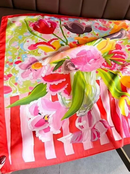 Floral Silk-Feel Scarf  Women' S Head Scarf , Neck Scarf
