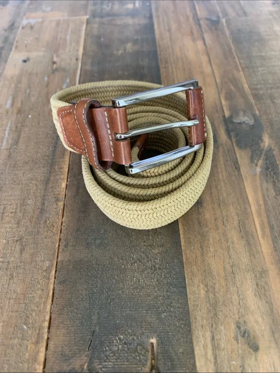 Peter Millar Khaki Woven Belt with Brown Leather Trim
