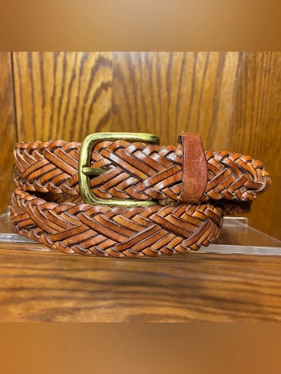 Vintage Men’s Braided Brown Leather Belt Brass Buckle