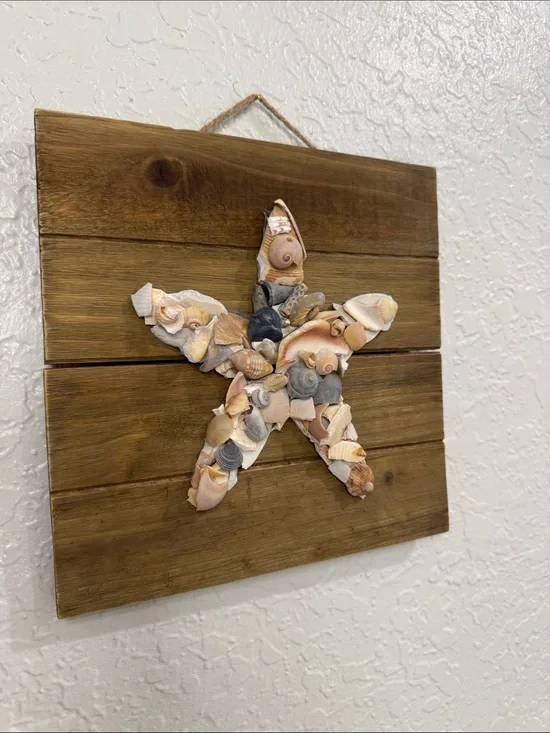 Coastal Seashell Star Wall Plaque - Natural Wood & Cream Shells