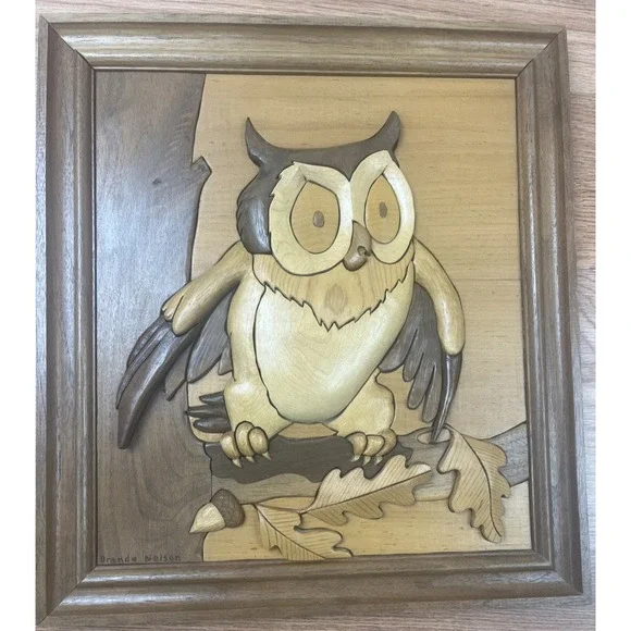 Vintage 3D Intarsia Wood Inlay‎ Owl Framed Wall Hanging Art 15
