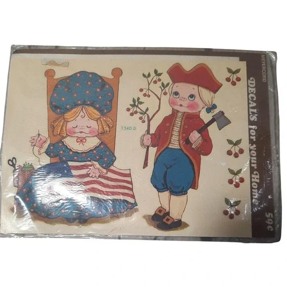 VTG Meyercord Decal 1540-D Betsy Ross & George Washington Flag & Cherry Tree NIP