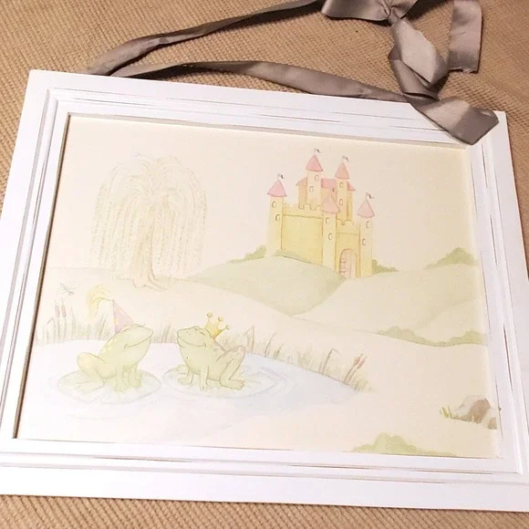 Wendy Bellissimo Frog Prince Framed Art White Pastel Nursery Wall Decor Large OS
