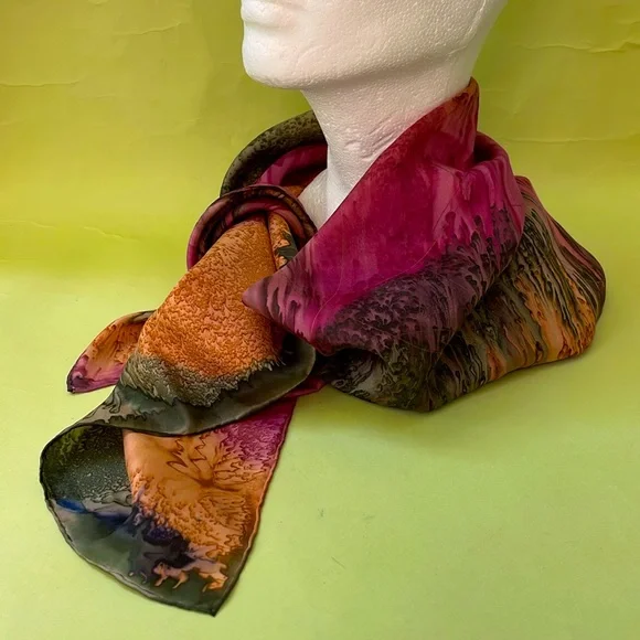 Vintage multicolored hand painted tie dye silk scarf