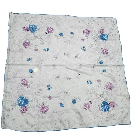 Vintage 50s 60s‎  Floral Scarf Women Blue Purple Silk Blend Hand Rolled Japan