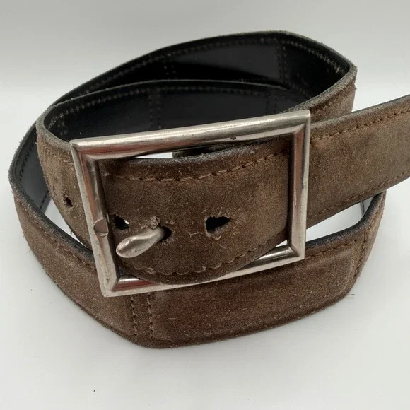 Cole Haan Mens Belt‎ Black Leather Brown Suede Silver Buckle Casual Size 36