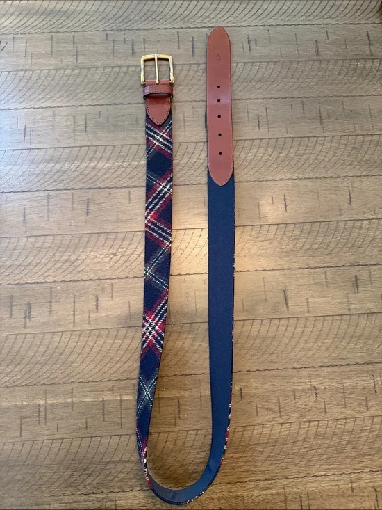 Brooks Brothers Vintage Plaid Navy  Canvas Men’s Belt with Leather Trim Sz 40