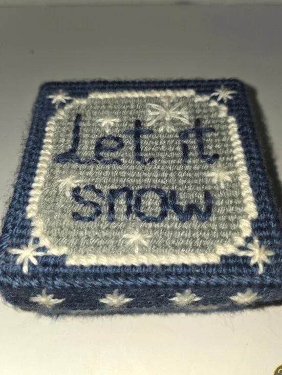 Vintage Mary Maxim Let It Snow Coasters and Holder Plastic Canvas Handmade