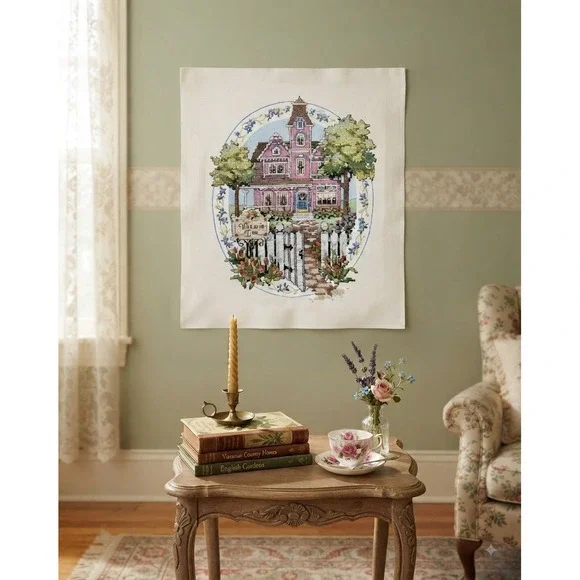 Handmade Victoria Inn Cross Stitch Pink Victorian House Wall Art 14x11 Unframed
