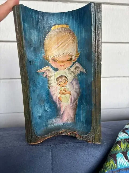 Vintage Retro Kitschy Angel with Baby Wall Art Plaque on Curved Wood Bark