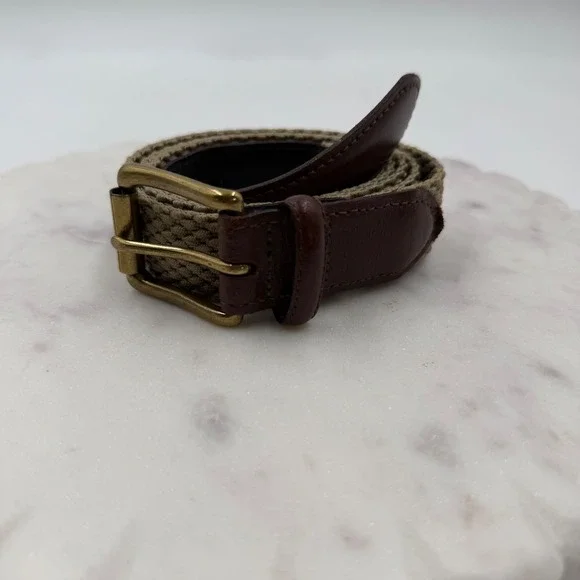VTG 80s Orvis Mens 42 Tan Woven Belt Genuine Leather Tabs Solid Brass Buckle