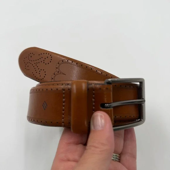Mens Cognac Brown Leather Brogue Wingtip Belt Handcrafted in Italy Size 38/95