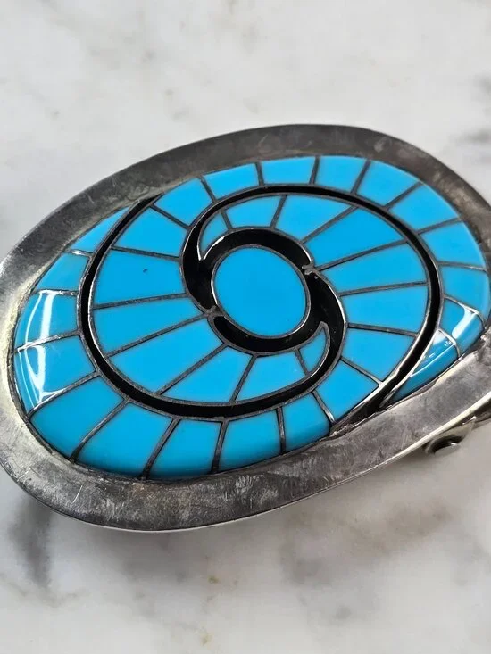 Vintage Sterling Silver Native American Zuni Turquoise Belt Buckle 46.8g E614
