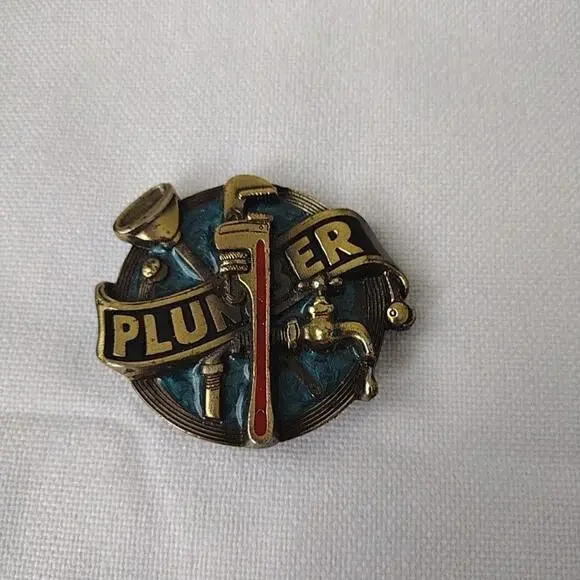 Vintage Plumber Belt Buckle Mens Gold Round Medallion Great American 1982 USA