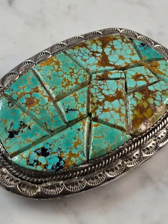 Vintage Sterling Silver Native American Zuni Turquoise Belt Buckle 89.6g E613