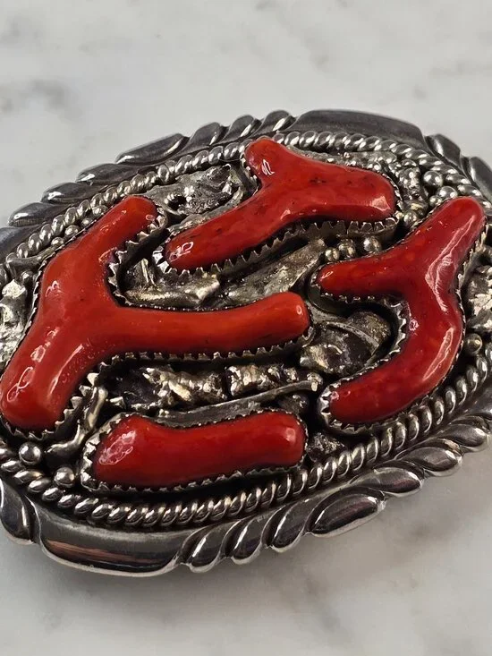Vintage Estate Sterling Silver Native American Zuni Coral Belt Buckle 74.4g E612