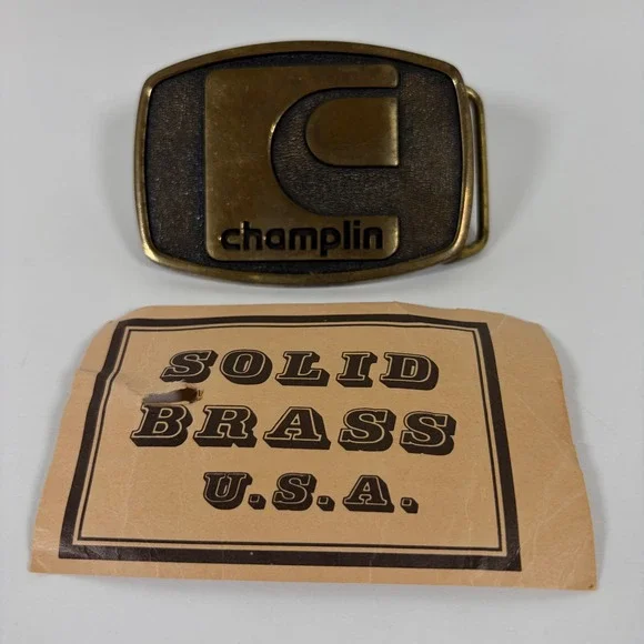 Vintage Champlin Petroleum Solid Brass Belt Buckle BTS Made in USA Oil Gas Logo