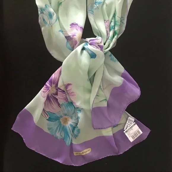 Salvatore Ferragamo Floral Silk Chiffon Scarf Tulip Print, Mint & Lilac