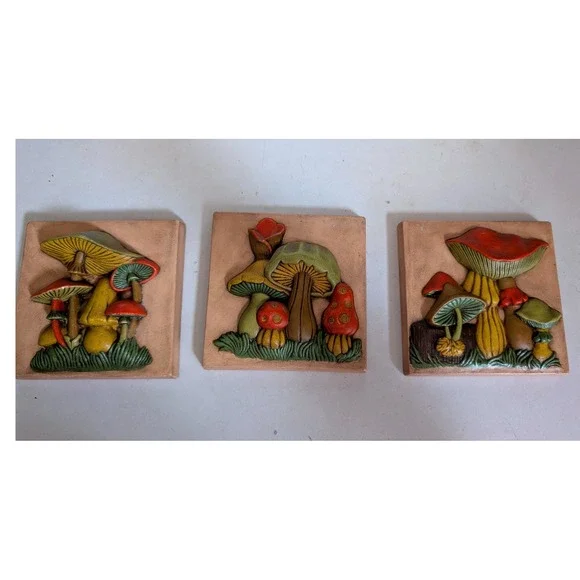 VTG 3D Mushroom Wall Art Plaque Trio Set Home Decor 5.5