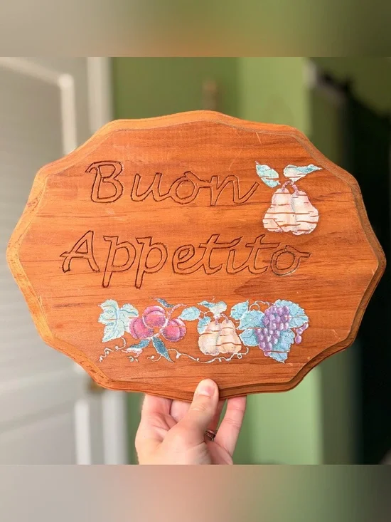 Vintage Italian Buon Appetito Wooden Wall Plaque with Fruit Artwork