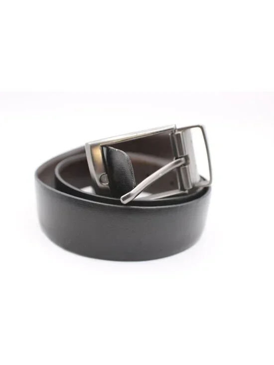 Reversible Brown & Black Leather Belt Size 34/85 Silver Metal Buckle