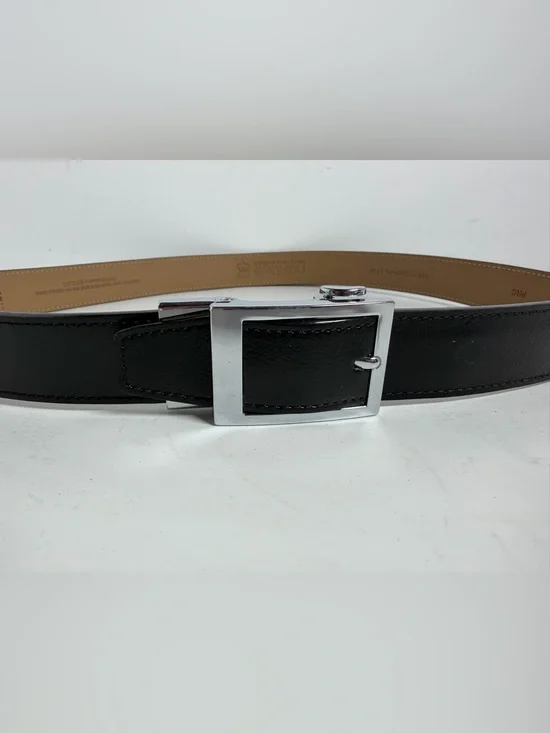 Men's Black Leather Belt with Polished Silver Buckle