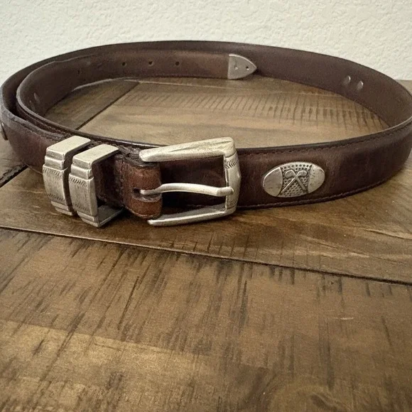 VTG 90s Brown Top Grain Oil Tan Leather Golf Sports Belt Silver Club Oval Sz 44