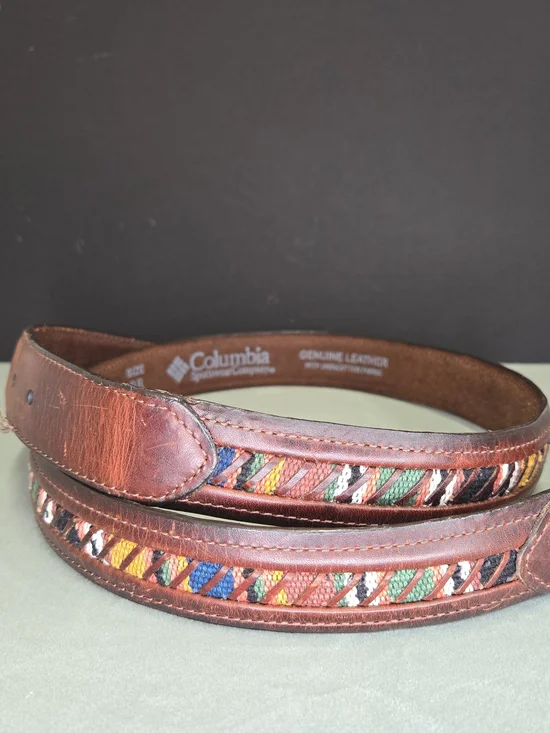 Vintage Columbia Sportswear Brown Leather Belt Size 38 Aztec Southwestern Woven