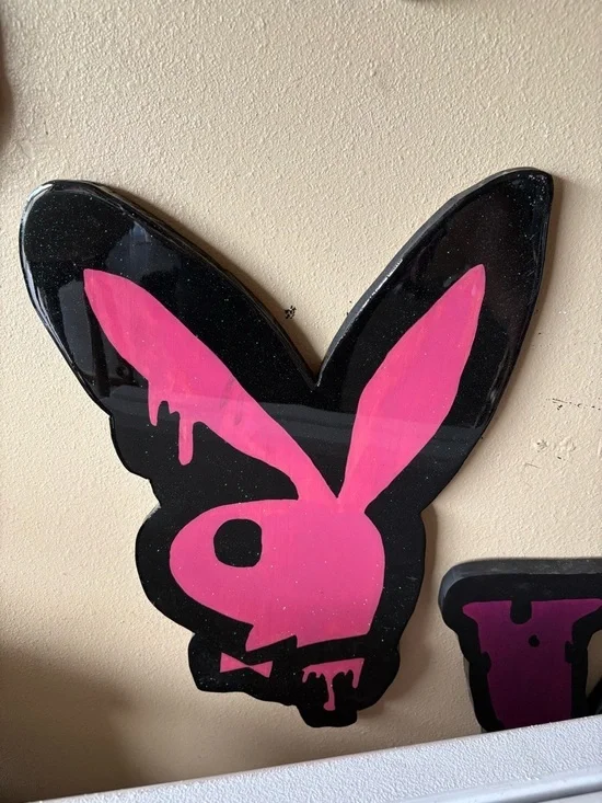 Custom Wood Art Pink Drip Bunny Wall Art - Black Background