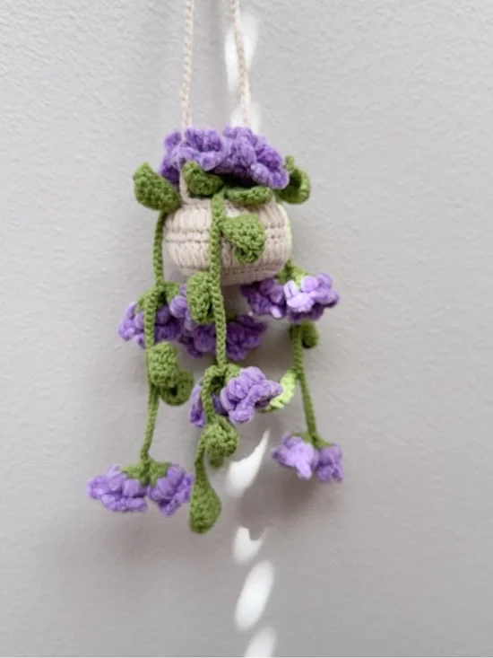 Handmade Cream and Purple Crochet Hanging Wall Planter