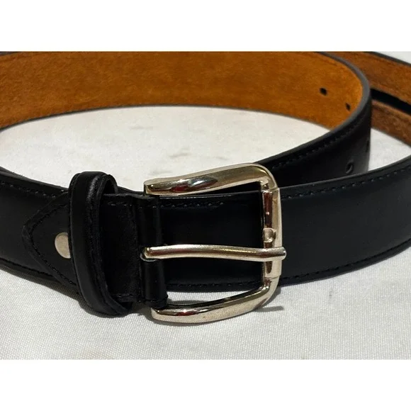 Black Genuine‎ Leather Money Belt Hidden Zipper Pocket Silver Buckle 46 capsule
