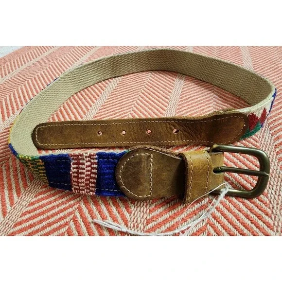 A Tail We Could Wag Leather Cotton Multicolor Striped Belt Sz‎ 34 Tribal Unisex