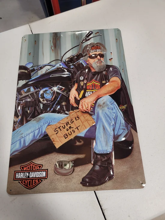 Harley-Davidson Biker Metal Sign with Black Motorcycle and Denim Blues