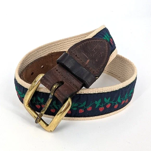 Orvis Strawberry Ribbon Belt Leather Canvas‎ Embroidered New England Size 28