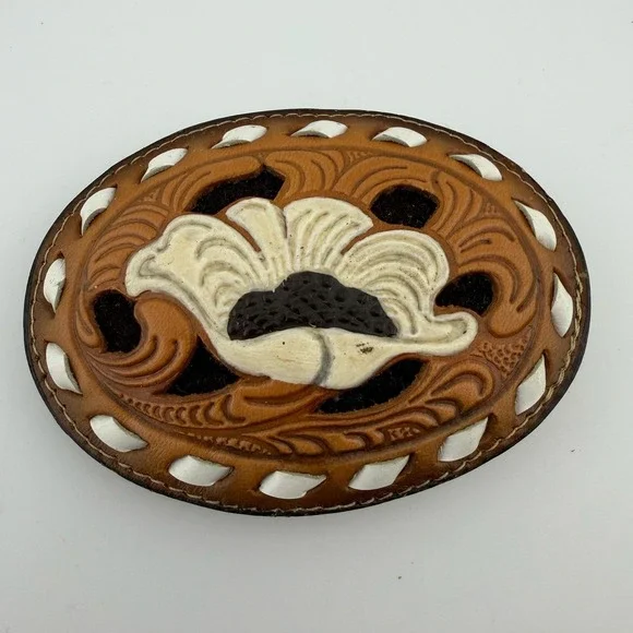 Tony Lama Vintage Tooled Leather Floral Belt Buckle Brown White Made in‎ USA