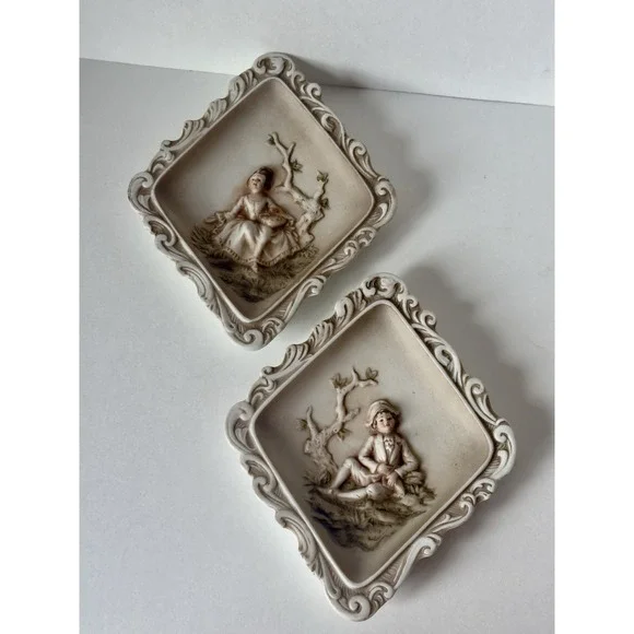 Vintage Lefton China Pair of Hand Painted Bisque Wall Plaques Boy Girl 1950's