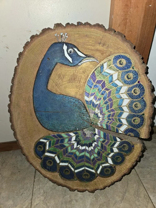 Wood Burnt Peacock Metallic Colorful Wood Piece