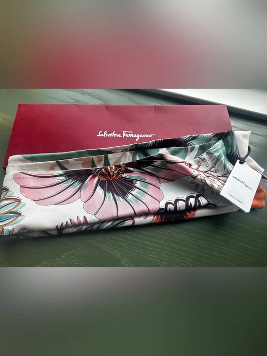 Salvatore Ferragamo reversible Brown Floral Silk Scarf with Cream Border -