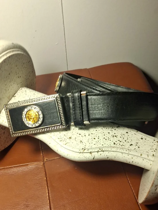 Versace Black Leather Men's Belt with Gold Medallion Buckle
