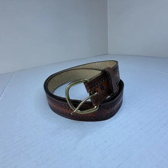 Western Cowboy Brown Leather Men's Belt Decorative Tooled Full Grain, Brass 47