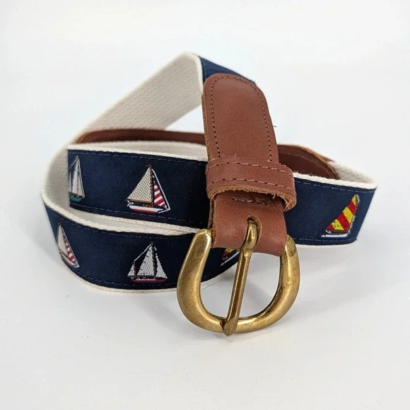 Sailboat Embroidered Nautical Nantucket Surcingle Belt Navy‎ Cream Leather 35