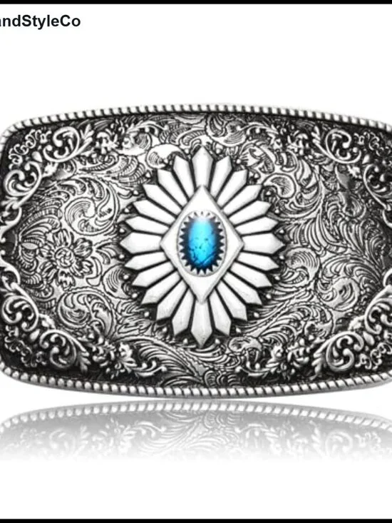 Vintage Western Cowboy Belt Buckle Turquoise Indian Style Zinc Alloy