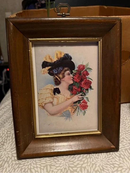 Source Unknown Framed Lady with Red Roses Art - Red, Black, Cream