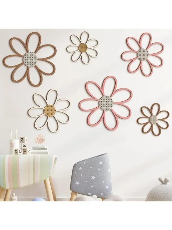 6 Pcs Wooden Daisy Wall Decor for Nursery - Warm Color Floral Art Decor