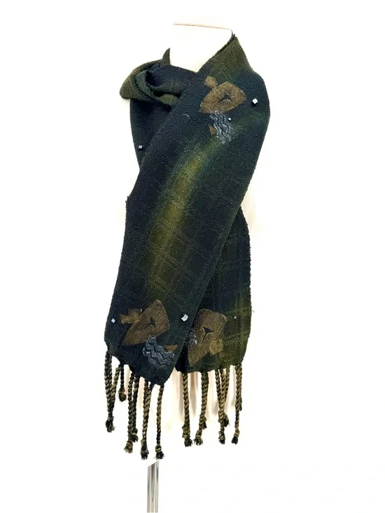 Vintage artisan crafted hand dyed raw silk shawl scarf green gold